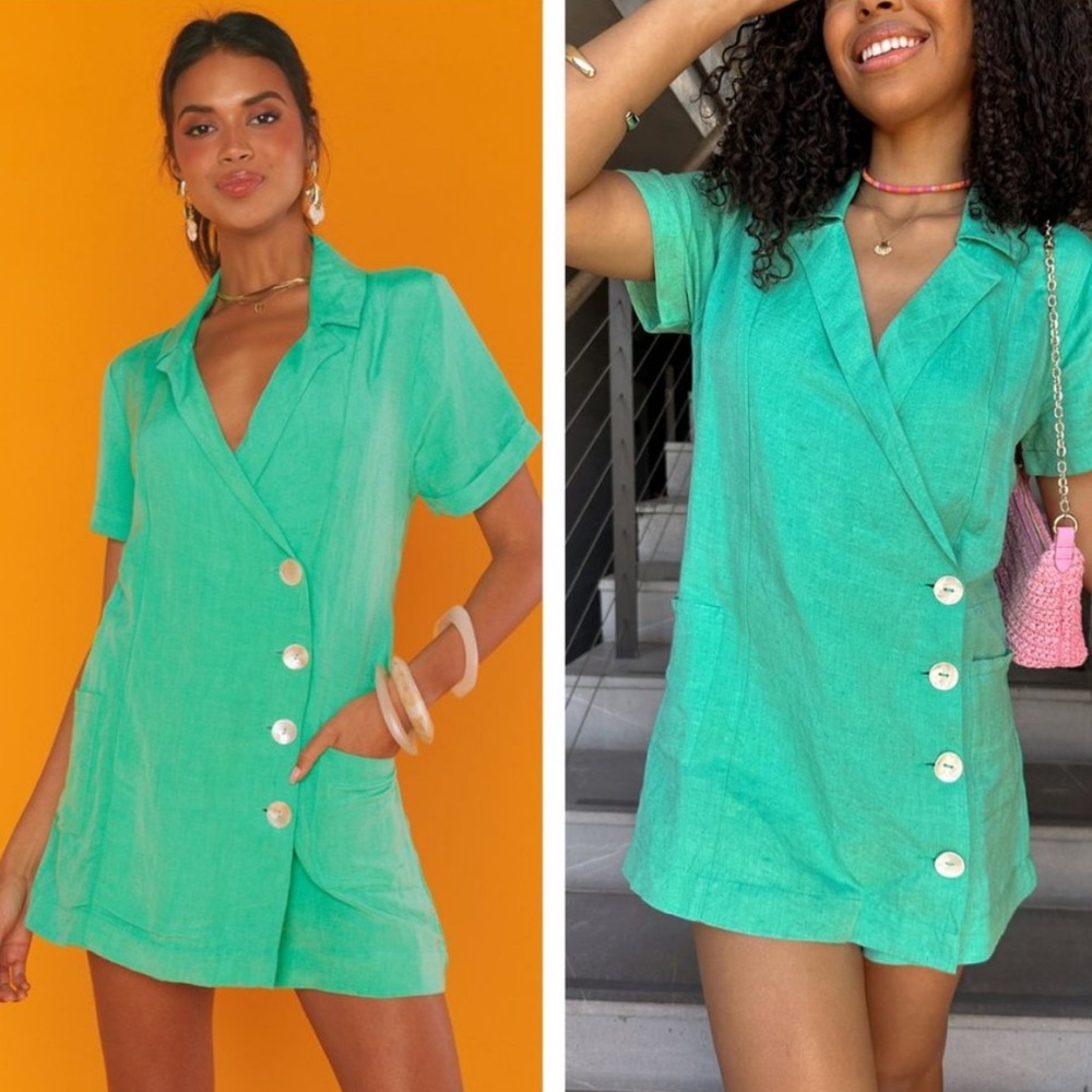 Show Me Your Mumu Bicoastal Preppy Linen Blazer Romper Seafoam Green Size S